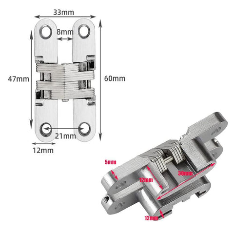 Heavy Duty Hidden Hinges For Heavy Doors And Folding Doors 180 Degree Flat Cross Hinges 1 Pair With Screws, silver with measurements