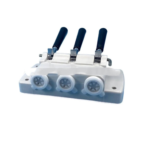 Front Panel Block Spare Part For Commercial Soft Serve Ice Cream Machines Built Tough For Busy Kitchens Heavy Duty Precision Crafted Standard Size Easy Install Fits Various Models High Quality Ice Cream Equipment Replacement Part, white plastic with three black levers