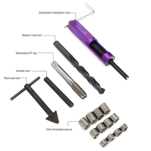 Half Inch 13 UNC Thread Repair Kit With 12 Threaded Inserts and tools for restoring damaged threads in soft metals.