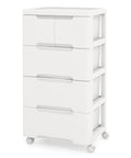 Five Drawer Rolling Storage Cart On Wheels White Plastic Organizer For Home Office And Living Room Mobile Cabinet With Three Large And Two Small Drawers Durable Vertical Storage Tower 16x13x31
