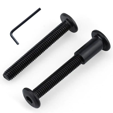 Top Shelf Heavy Duty 1/4-20 X 2 Inch Furniture Connector Bolts And Barrel Nuts Kit With Hex Key In Black 304 Stainless Steel close-up of bolts with hex key