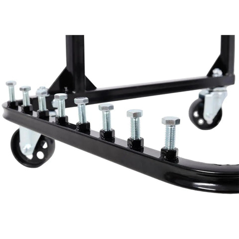 Close-up of bolts and casters on Heavy Duty Engine Stand With Wheels 750 Lbs Capacity Steel Motor Cradle for maintenance and storage.