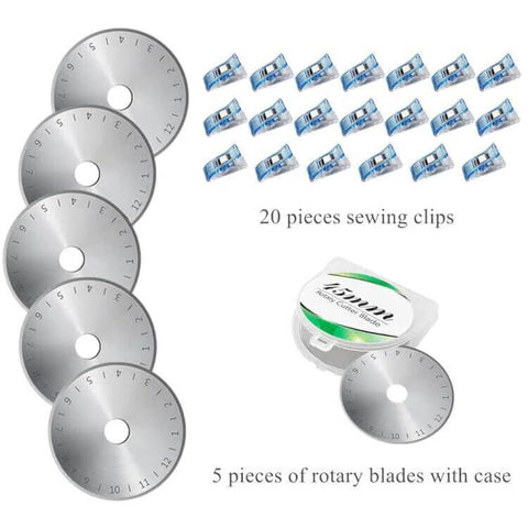 Headley Tools 45mm rotary cutter set with 5 spare blades, storage case and 20 blue sewing clips (front view)