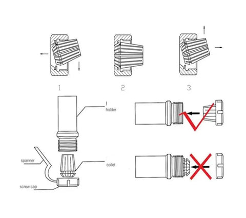 Installation guide for NBT30 CNC Collet Chuck Fixture Compatible With ER16 ER20 ER25 ER32 Spindles showing tool holder and collet.
