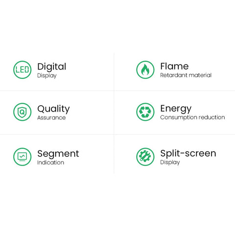 Image displaying features: LED digital display, flame retardant material, quality assurance, energy consumption reduction, segment indication, split-screen display.