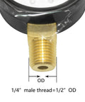 Brass 1/4in male NPT pressure gauge fitting on a black housing, close-up