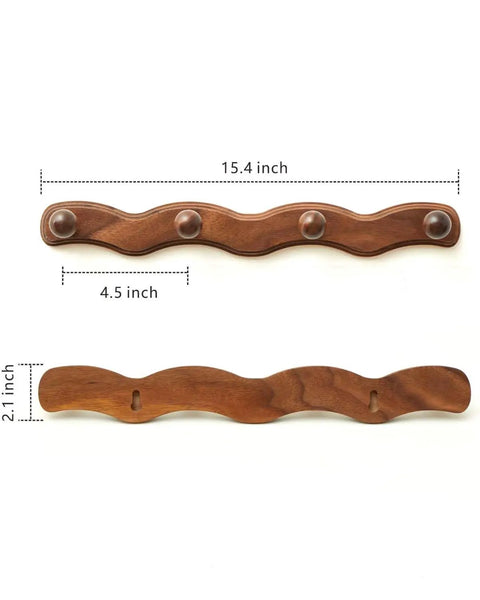 Walnut Wood Coat Rack Wall Mount Set Of 4 Heavy Duty Hooks back and front view with dimensions for modern rustic decor.