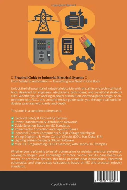 Book cover: Practical Guide to Industrial Electrical Systems, orange background with electrical icons; Amazon.