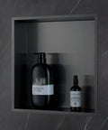 Shower Niche Insert Shelf 14 By 14 Inch No Tile Needed Stainless Steel In Wall Storage Organizer Black Grey Finish Easy To Install Waterproof Bathroom Corner Shelf with toiletries.