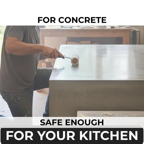 Applying Heavy Duty Water Based Concrete Countertop Sealer With Slick Matte Finish And Food Safe Shield on a kitchen counter.