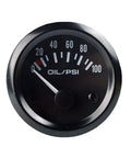 Oil pressure gauge, 52mm (2"), front view with black dial, white 0-100 psi markers, chrome bezel.