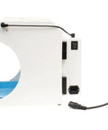 Side view of Shop Ready Bench Top Porta Vac Dust Collector with steel frame, blue interior, 115V plug, and control switches.