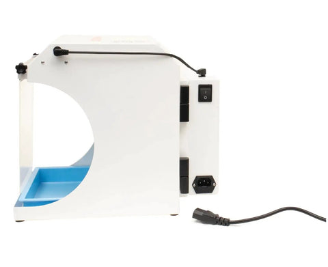 Side view of Shop Ready Bench Top Porta Vac Dust Collector with steel frame, blue interior, 115V plug, and control switches.