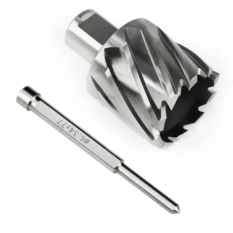 Oscarbide annular cutter with 3/4" Weldon shank, 1-9/16" cutting diameter, 1" depth; includes pilot-pin bit for magnetic drill press