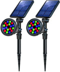 Solar Outdoor Lights With 9 Modes Color Changing 18 LED Spotlight Waterproof Landscape Lighting 2 Pack showing solar panels and color LEDs