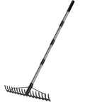 5.4 Foot Bow Rake Pro Grade Heavy Duty Garden Rake With Stainless Steel Handle And 17 Steel Tines angled view