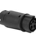 Type One To Type Two EV Charging Adapter Plug Connector, 32 Amps, black plastic, used for SAE J1772 to IEC conversion.