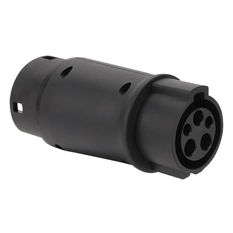 Type One To Type Two EV Charging Adapter Plug Connector, 32 Amps, black plastic, used for SAE J1772 to IEC conversion.
