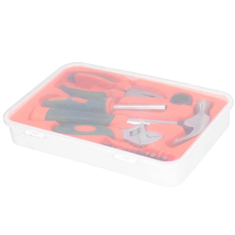 17Pcs Carbon Steel Hardware Tools Set in case, visible hammer, wrench, and pliers for home and auto repairs, rugged hand tool kit.