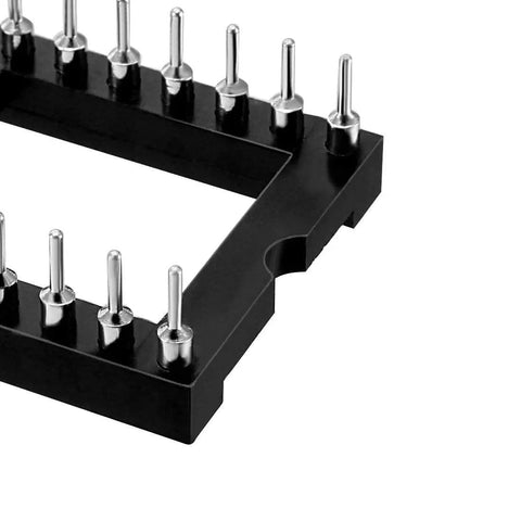 Close-up of DIP IC Socket Adapter Solder Type 2.54mm Pitch Dual Row 32 Pins with black housing, angled view