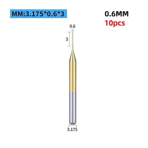 Close-up of a 0.6mm drill bit from 10 Piece PCB Drill Bit Set Pro Grade Mini Drills Kit Tungsten Steel Bits For PCB Boards CNC Router Use Multi Material Cuts Steel Aluminum Copper Plastic With Sharp Blades For Clean Accurate Holes Drop In Ready