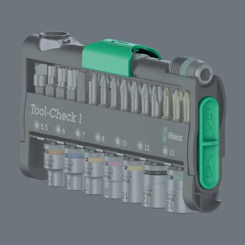 Go-To 38 Piece Tool Set With Zyklop Mini One Quarter Inch Bit Mounting, compact case, green locking components visible