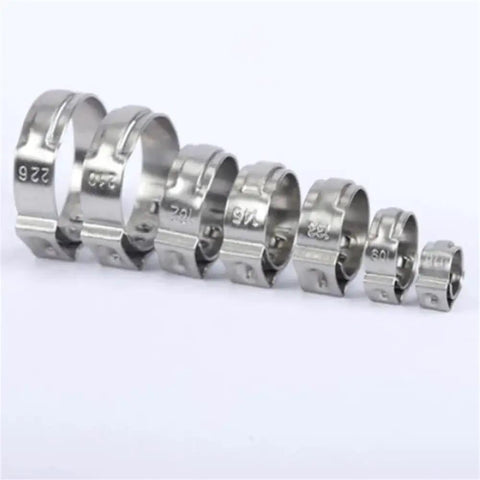 Assortment Hose Clamp Kit, Stainless Steel 304 Single Ear Clamps, 5.3mm To 50mm Range, 5-20 Pieces Per Lot, displayed in ascending size order