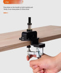 35mm Hinge Drilling Guide for Cabinets and Doors in use on wood piece, adjustable template, fits 16mm to 25mm thick doors
