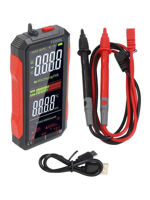 FS899L All In One Digital Multimeter with auto ranging, displayed with probes and a USB charging cable, compact and DIY friendly.