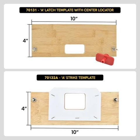 Heavy Duty Bamboo Router Jig Template Kit For Bullseye Straight Door Latch And Strike Plate Mortise Cuts With Quick Guide System, showing latch and strike templates.