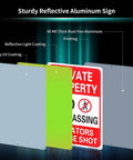 2 Pack Heavy Duty Private Property Signs No Trespassing Violators Will Be Shot Reflective Outdoor Yard Defender Weatherproof Metal Fence Posts Keep Yer Backside Off Turf showing different coatings and thicknesses.