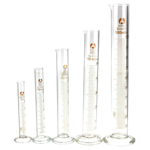 Five Piece Glass Graduated Measuring Cylinder Set for Lab Chemistry 5ml 10ml 25ml 50ml 100ml Borosilicate Glass with 2mm Walls