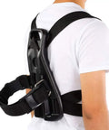 Side view of Oxygen Tank Backpack For Scuba Diving 14.2 Inch Mini Gas Cylinder Carrier With Adjustable Holder on person