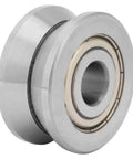 Top Shelf V Groove Track Roller With Fully Sealed Ball Bearings For Heavy Duty Manufacturing Gear Precision Ground Hardened Steel In 12X41X20mm Size, close-up view.