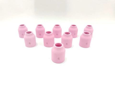 TIG Nozzle Ceramic Cup 53N60 Six Gauge Three Eighths Inch 9.5mm WP Welding Torch Nozzle Kit PK10 displayed on a white background