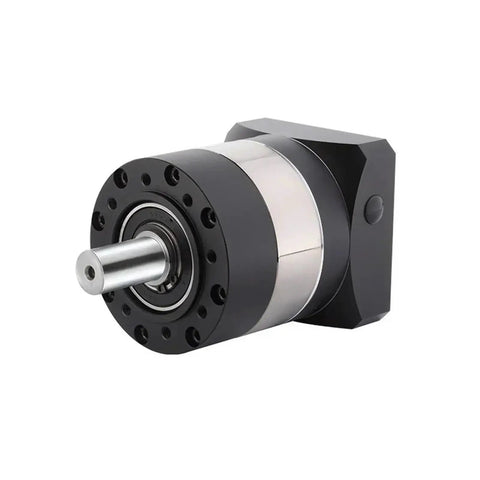 Kickass Heavy Duty Planetary Gearbox With Seamless Round Flange Design And Drop In Install For 110 To 180 Mm Servo Motors with silver and black finish.