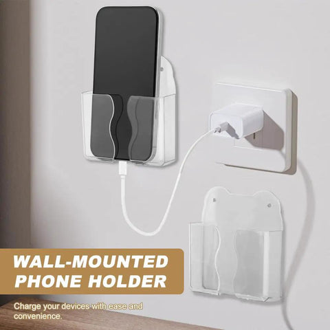 Two Pack Wall Mounted Phone Holder With Charging Hole Self Adhesive Clear Phone Cradle Bedside Organizer And Remote Control Stand