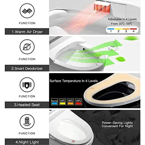 Smooth As Silk Electric Bidet Toilet Seat With Gentle Soft Close Cover features warm dryer and heater controls for comfort.
