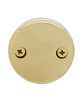 Top Tier Universal Bathtub Drain Plug Set Featuring Slick Polished Brass Finish includes a round brass faceplate with screws.