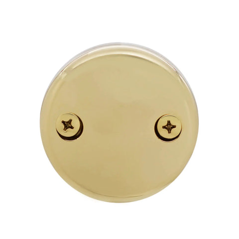 Top Tier Universal Bathtub Drain Plug Set Featuring Slick Polished Brass Finish includes a round brass faceplate with screws.