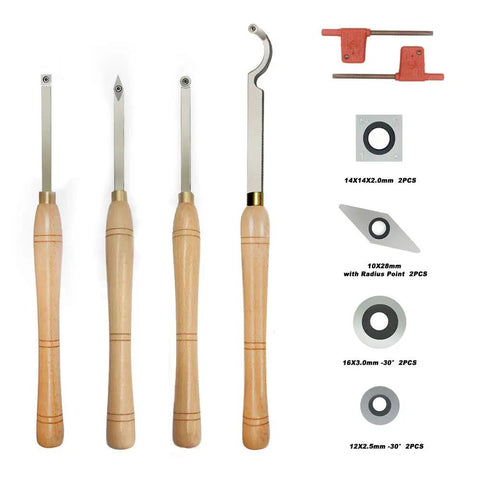 Pro Grade Carbide Tipped Wood Turning Tools Set With Finisher Rougher Detailer Swan Neck Hollower Solid Wood Handles Includes 2 Sets Of Carbide Insert Cutters And Diamond Round Square Inserts For Lathe Turning with tools and inserts displayed