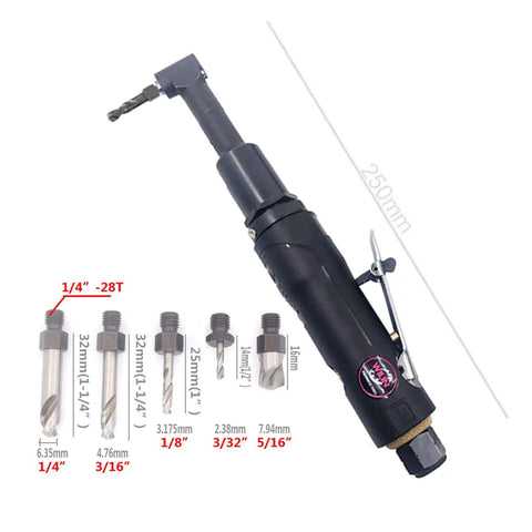 Compact Pneumatic Right Angle Drill Kit With 1/4-28 Chuck 3200 RPM Includes 5 Piece Threaded Drill Bit Set Built For Industrial Aircraft Maintenance And Tight Spots Lightweight Air Drill For Hard To Reach Work laid with drill bit options