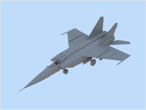 Unpainted MiG 25RB Soviet Reconnaissance Plane Model Kit 1 48 scale ready for assembly and painting, viewed from above