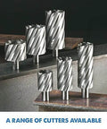 Spiral annular cutters set in steel, multiple sizes for metal drilling.