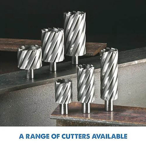 Spiral annular cutters set in steel, multiple sizes for metal drilling.