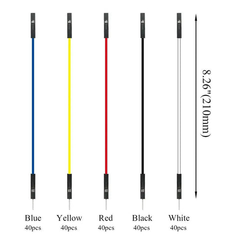 Go To Must Have 150 Pcs 5 Color 2.54mm Female To Male Jumper Wires Set shown in blue, yellow, red, black, white