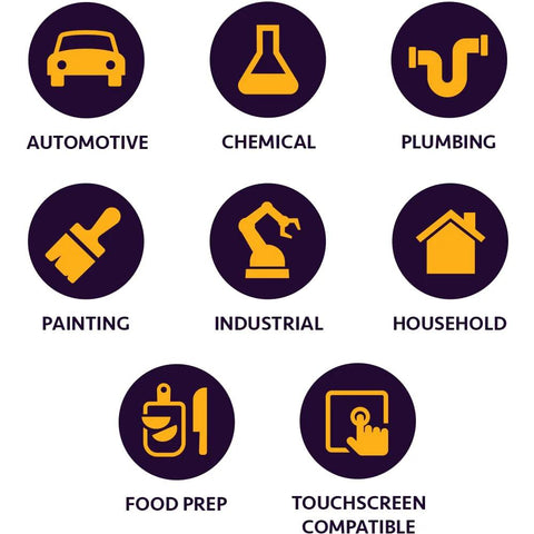 Inspire ULTRA orange nitrile gloves collage with 8 category icons: automotive, chemical, plumbing, painting, industrial, household, food prep, touchscreen