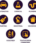 Inspire ULTRA orange nitrile gloves; 8 mil with diamond-textured grip; grid of usage icons.