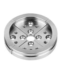 Built Tough Stainless Steel Wood Turning Lathe Chuck Featuring Killer Grip And Sweet Precision Clamping Jaws For Stress Free Woodworking And Quick Machine Tool Swaps Silver, close-up view of precision jaws and grip.