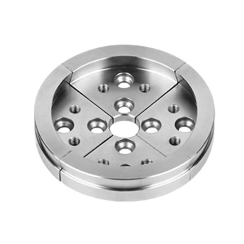 Built Tough Stainless Steel Wood Turning Lathe Chuck Featuring Killer Grip And Sweet Precision Clamping Jaws For Stress Free Woodworking And Quick Machine Tool Swaps Silver, close-up view of precision jaws and grip.